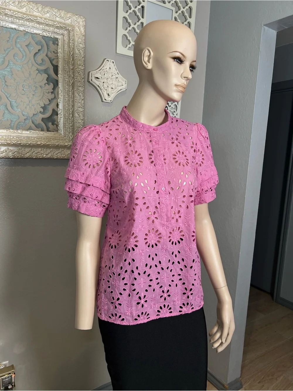 J. Crew Pink Eyelet Short puff Sleeve Blouse